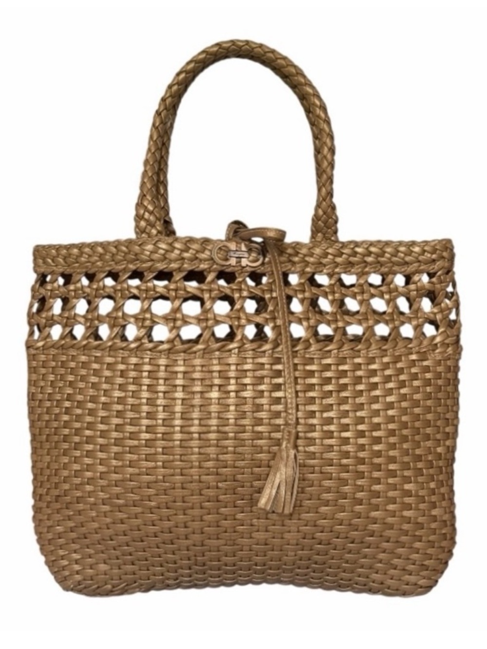 NEW Salvatore Ferragamo Metallic Bronze Large Woven Leather Gancini Tote Bag